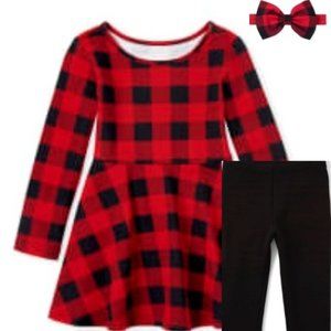 Childrens Place Buffalo Plaid Dress Leggings Bow 4